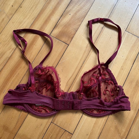 Vtg Maison Lejaby Burgundy Lace Floral Sheer Balconette Bra 34B - Picture 5 of 6